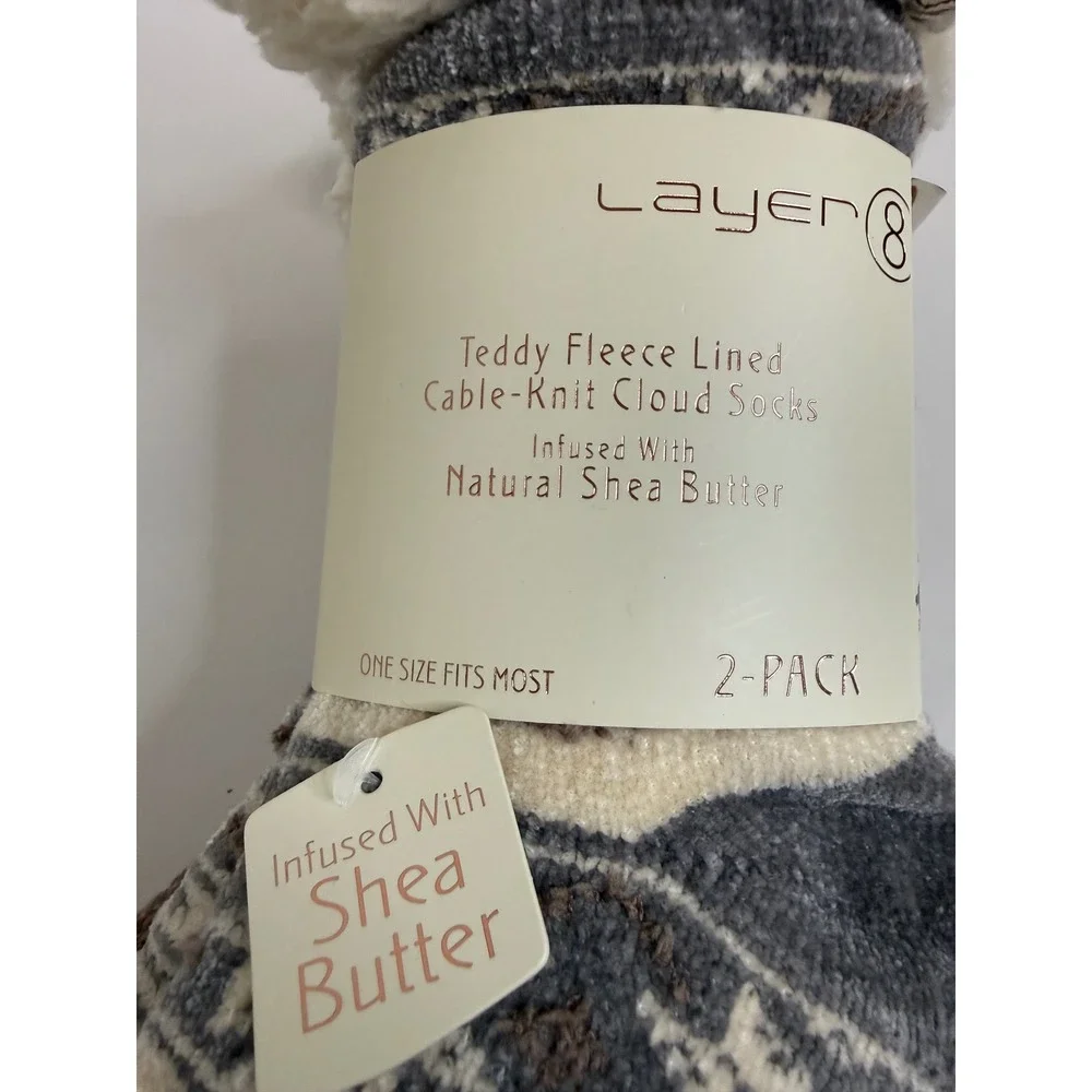 Layer 8 Teddy Fleece Lined Cable Knit Cloud Socks Shea Butter Infused 2-Pack OS